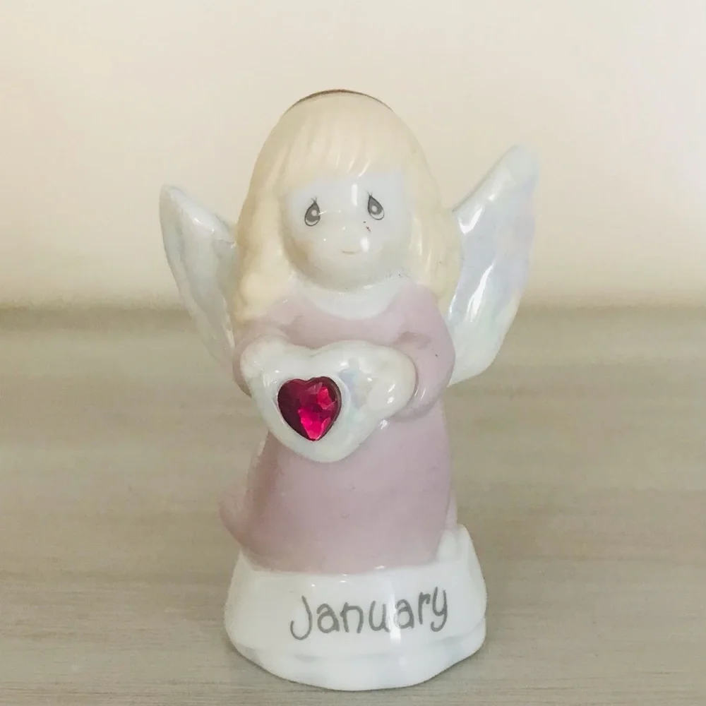 Precious Moments Pink and White January Angel Figurine with Red Heart Jewel